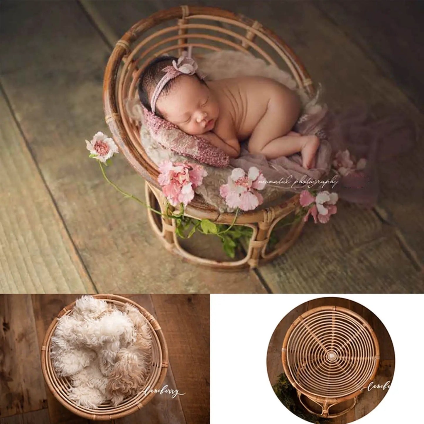 Newborn photography props rattan chair handmade with pink florals and soft blanket for studio on Tampa Home & Garden Store