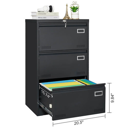 Filing Cabinet Lateral 3-Drawer Black Locking with key VIP Digital Presence; open bottom drawer shows color-coded folders on Tampa Home & Garden Store