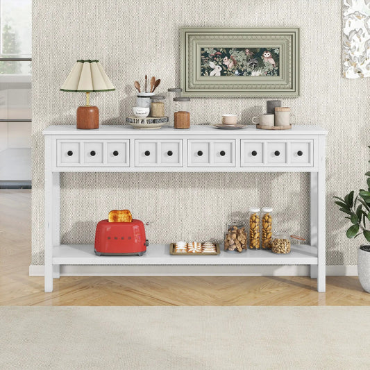 60-inch white Rustic Entryway Console Table with paneled drawers, topped with lamp and jars on Tampa Home & Garden Store