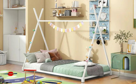 Metal Twin Platform Bed with Triangle Structure, white frame and X-frame supports, green bedding on Tampa Home & Garden Store
