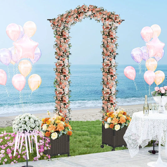 Garden Arch Trellis with 2 wheeled self-watering planter boxes, pink rose floral arch on Tampa Home & Garden Store