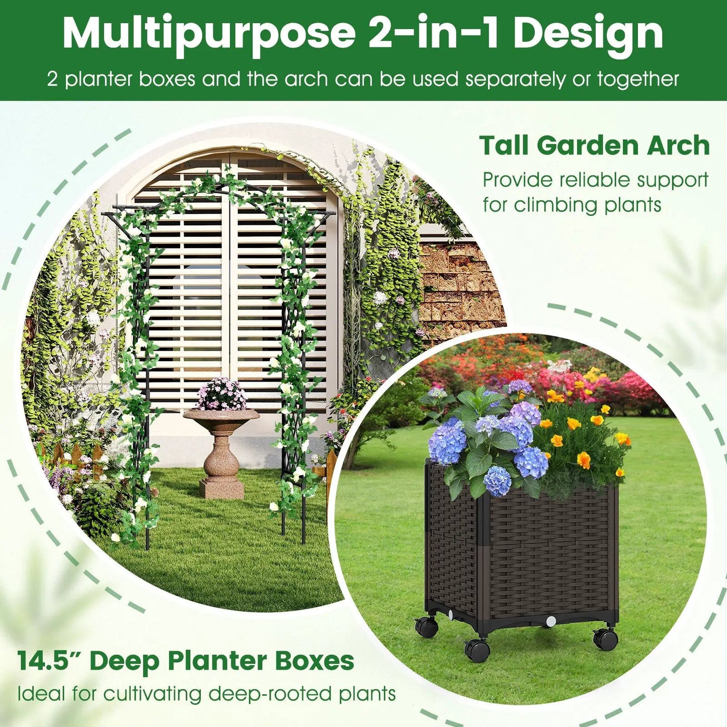 Garden arch trellis with 2 planter boxes on wheels, black wicker planters for climbing plants on Tampa Home & Garden Store