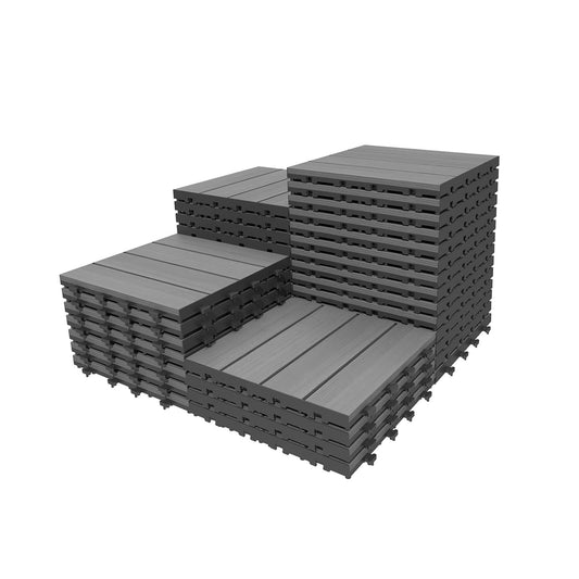 36-piece interlocking deck tiles 12x12 in gray HDPE outdoor flooring, stacked in bundles on Tampa Home & Garden Store