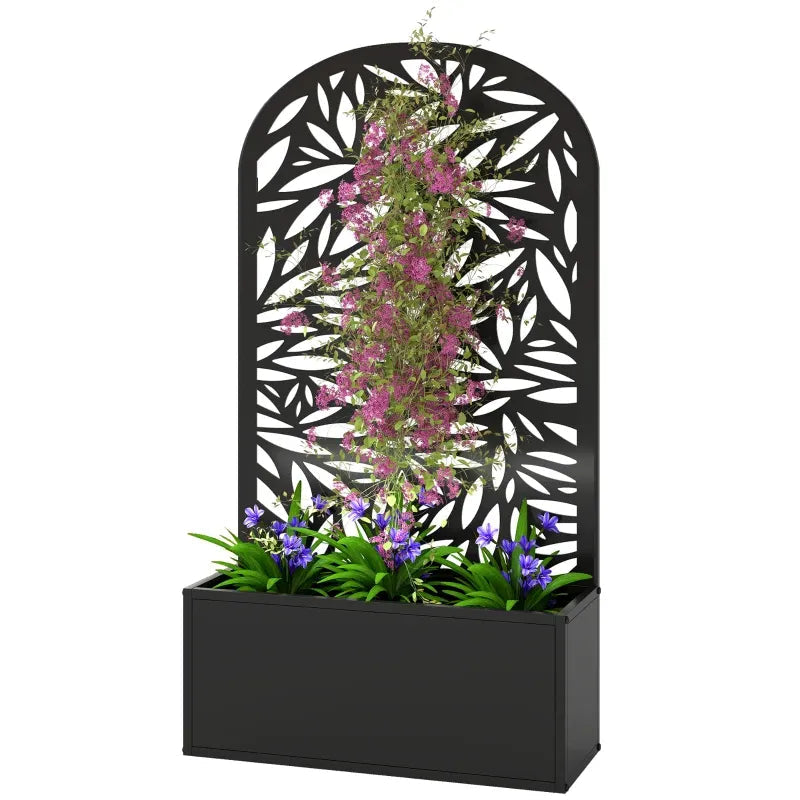 Curved raised garden bed planter in black metal with a leaf trellis and flowering vines on Tampa Home & Garden Store
