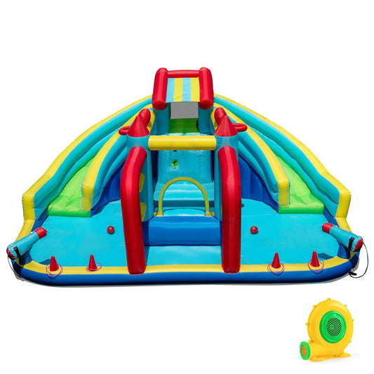 Inflatable double water slide obstacle course in blue, yellow, red with entry arch on Tampa Home & Garden Store