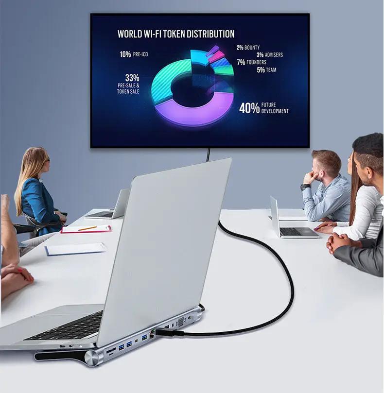 Dual HDMI USB-C docking station 12 in 1 links laptop to external monitor in conference room on Tampa Home & Garden Store