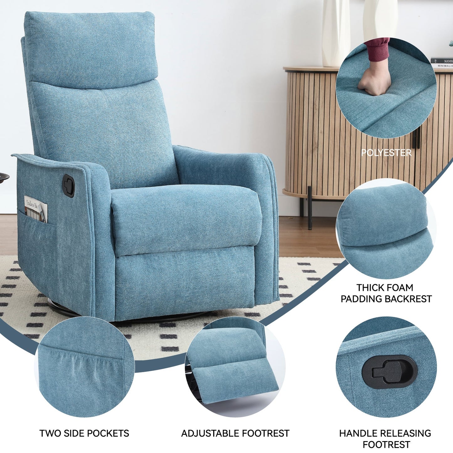 Heat Massage Manual Recliner with rocker and side pockets and adjustable footrest on Tampa Home & Garden Store
