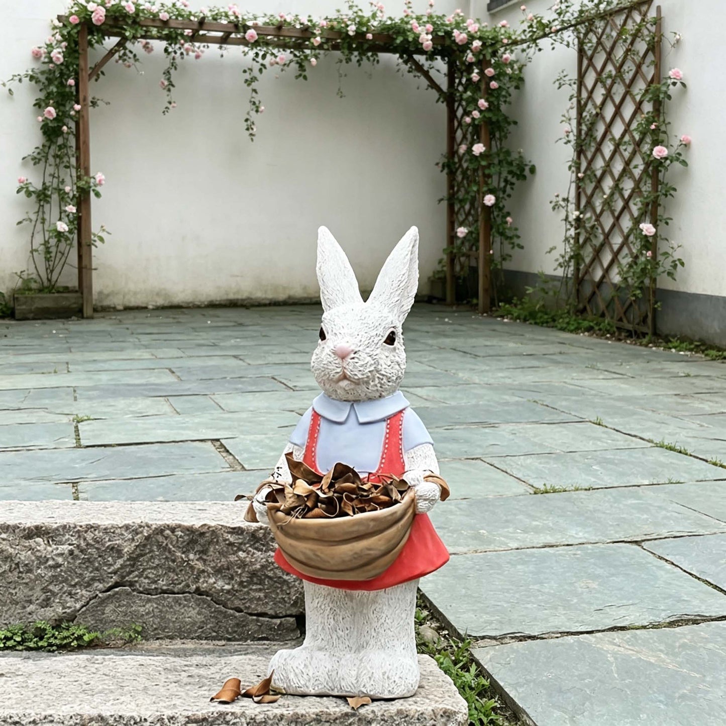 Charming Rabbit Garden Statue HouseOfZazla white rabbit in blue shirt with suspenders in garden on Tampa Home & Garden Store