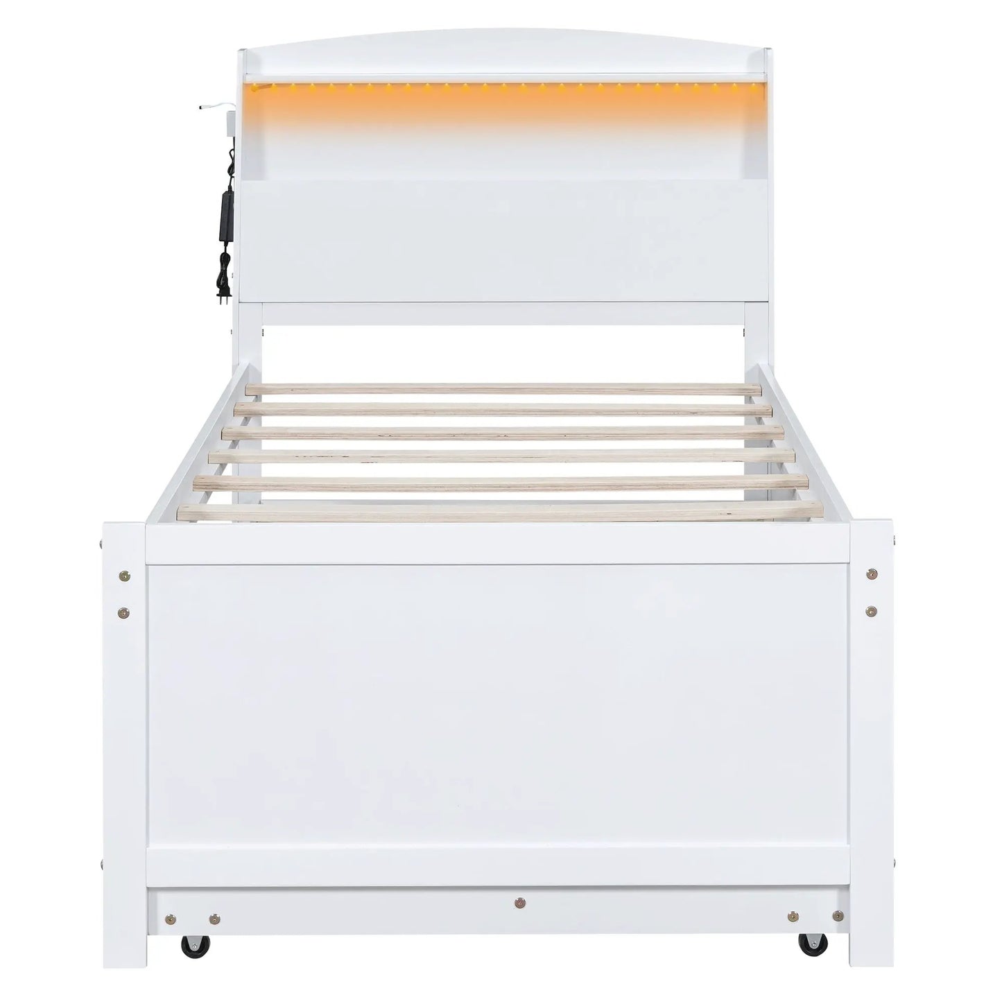 Twin size white platform bed with LED headboard and slat base on Tampa Home & Garden Store