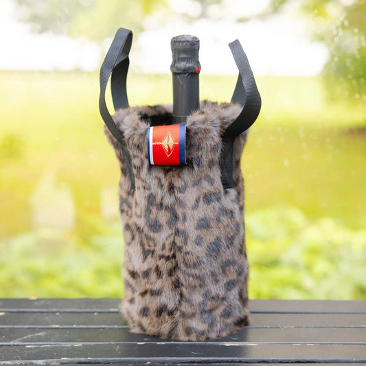 Faux fur wine tote leopard print with straps and Pretty Rugged patch, waterproof lining on Tampa Home & Garden Store
