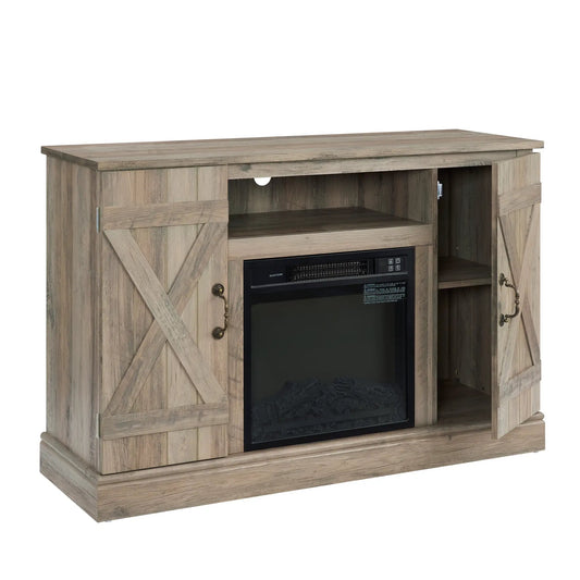 Farmhouse Media TV Stand with Electric Fireplace in weathered gray wood finish, X-brace doors on Tampa Home & Garden Store