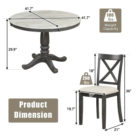 Orisfur 5-Piece Dining Set: marble-top table + 4 dark wood X-back chairs, 41.7 dia, 29.9 h on Tampa Home & Garden Store