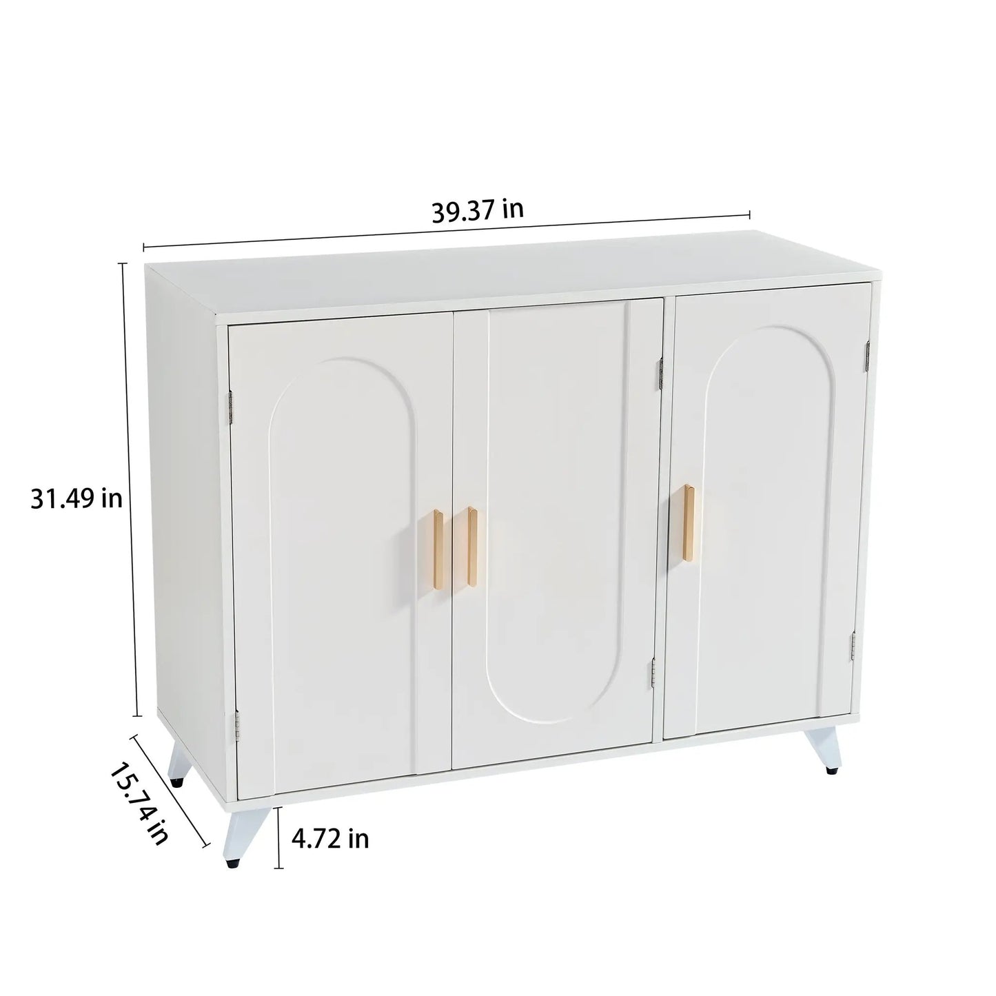 Sideboard buffet cabinet with 3 doors and shelves, white finish, gold handles on Tampa Home & Garden Store