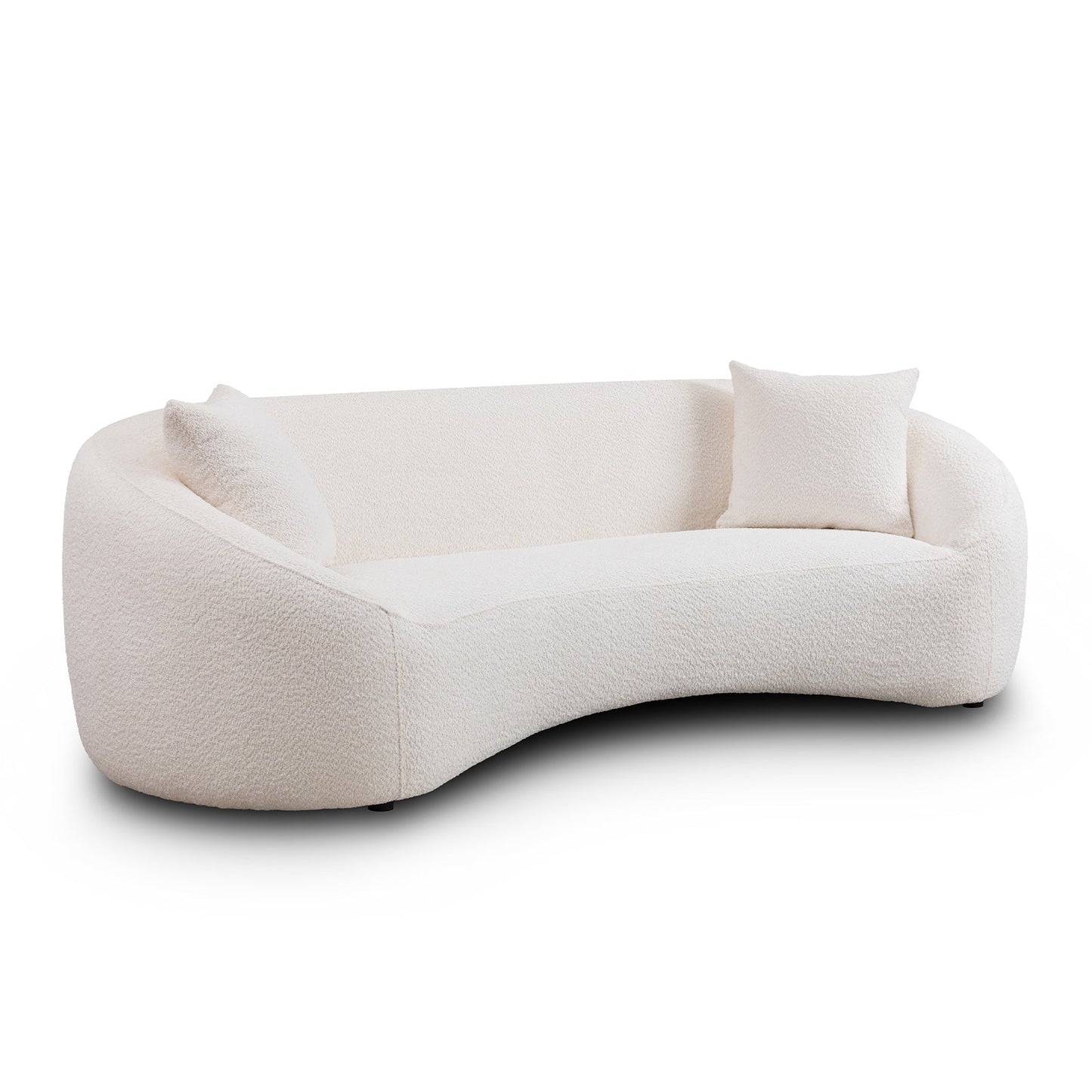 Minimalist curved 3-seater sofa in cream boucle upholstery with two textured cushions on Tampa Home & Garden Store