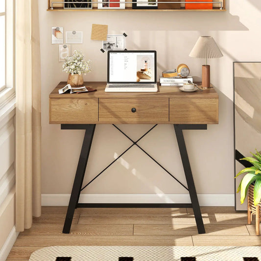 Vanity desk with flip top mirror, rustic oak finish and black metal legs on Tampa Home & Garden Store
