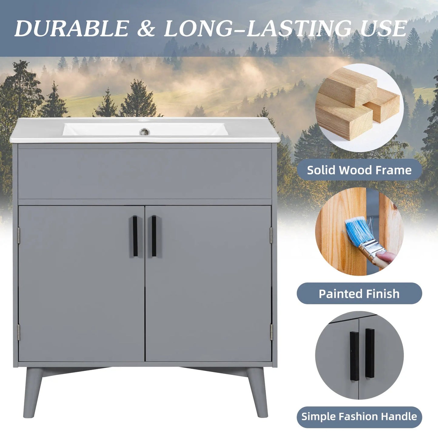 Bathroom vanity set with sink and storage cabinet, gray painted finish, white sink on Tampa Home & Garden Store