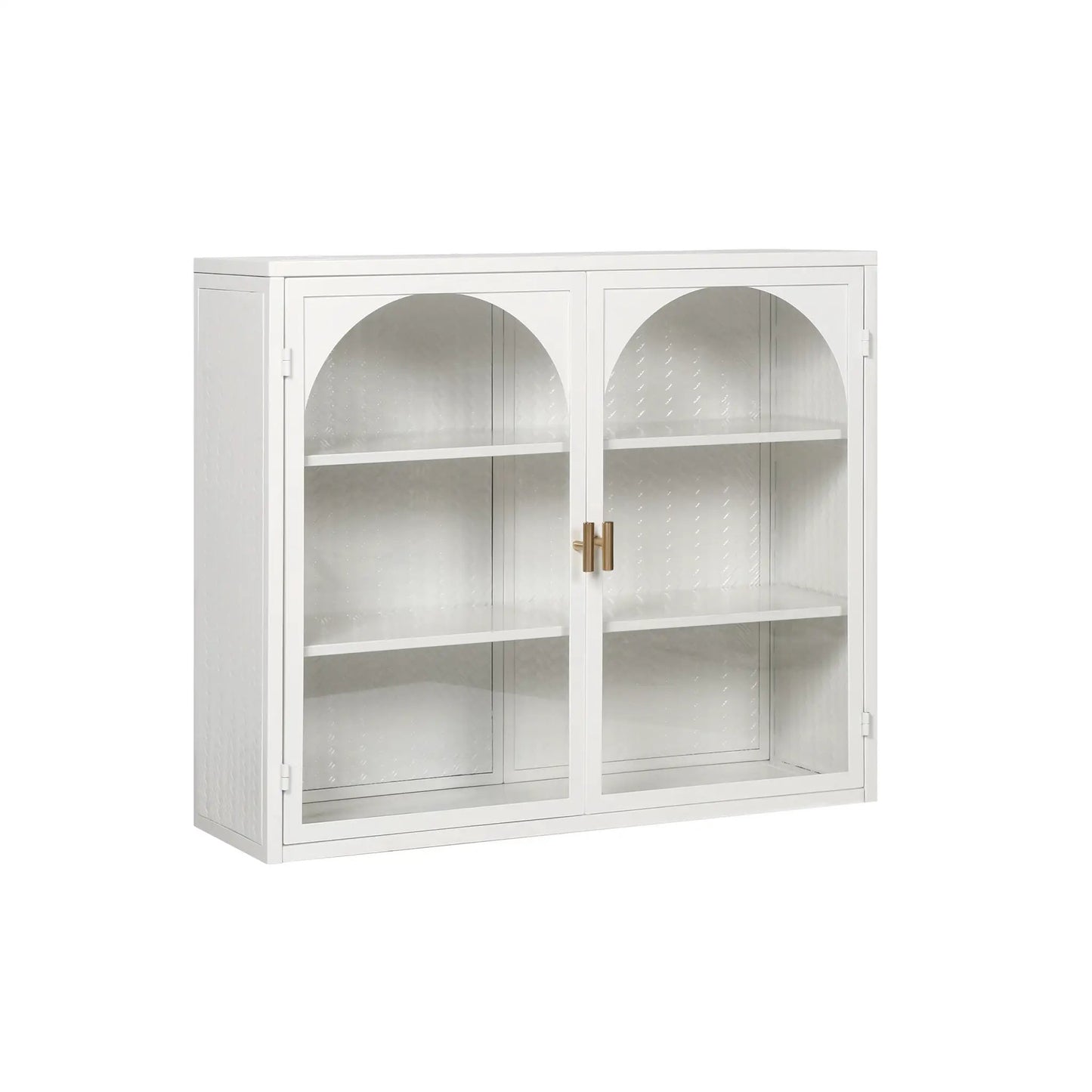 Glass doors wall cabinet with three-tier storage, white finish, two arched glass doors on Tampa Home & Garden Store