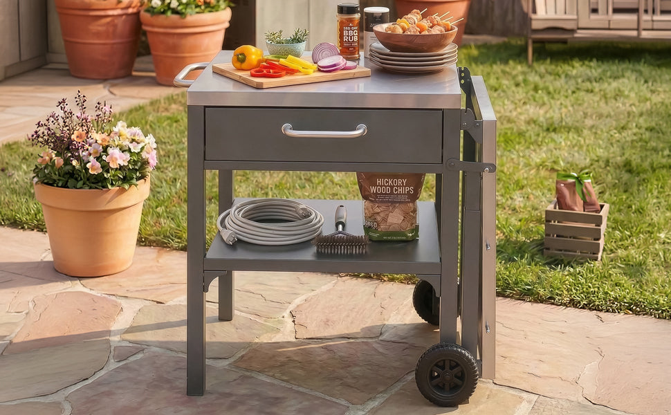 HouseOfZazla outdoor kitchen cart foldable prep station, grey metal cart with drawer and wheels on Tampa Home & Garden Store