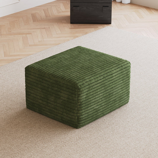 Green sofa ottoman with plush corduroy fabric, cube shape on beige carpet on Tampa Home & Garden Store