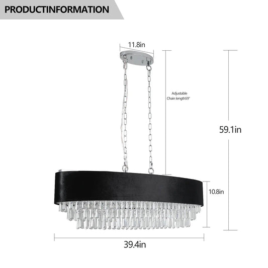 Modern crystal chandelier for living room with black drum shade, chrome finish and hanging crystal prisms on chains on Tampa Home & Garden Store