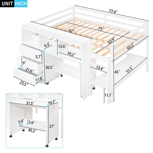 Full size white loft bed with built-in desk and shelves, storage drawers and wood slat base on Tampa Home & Garden Store