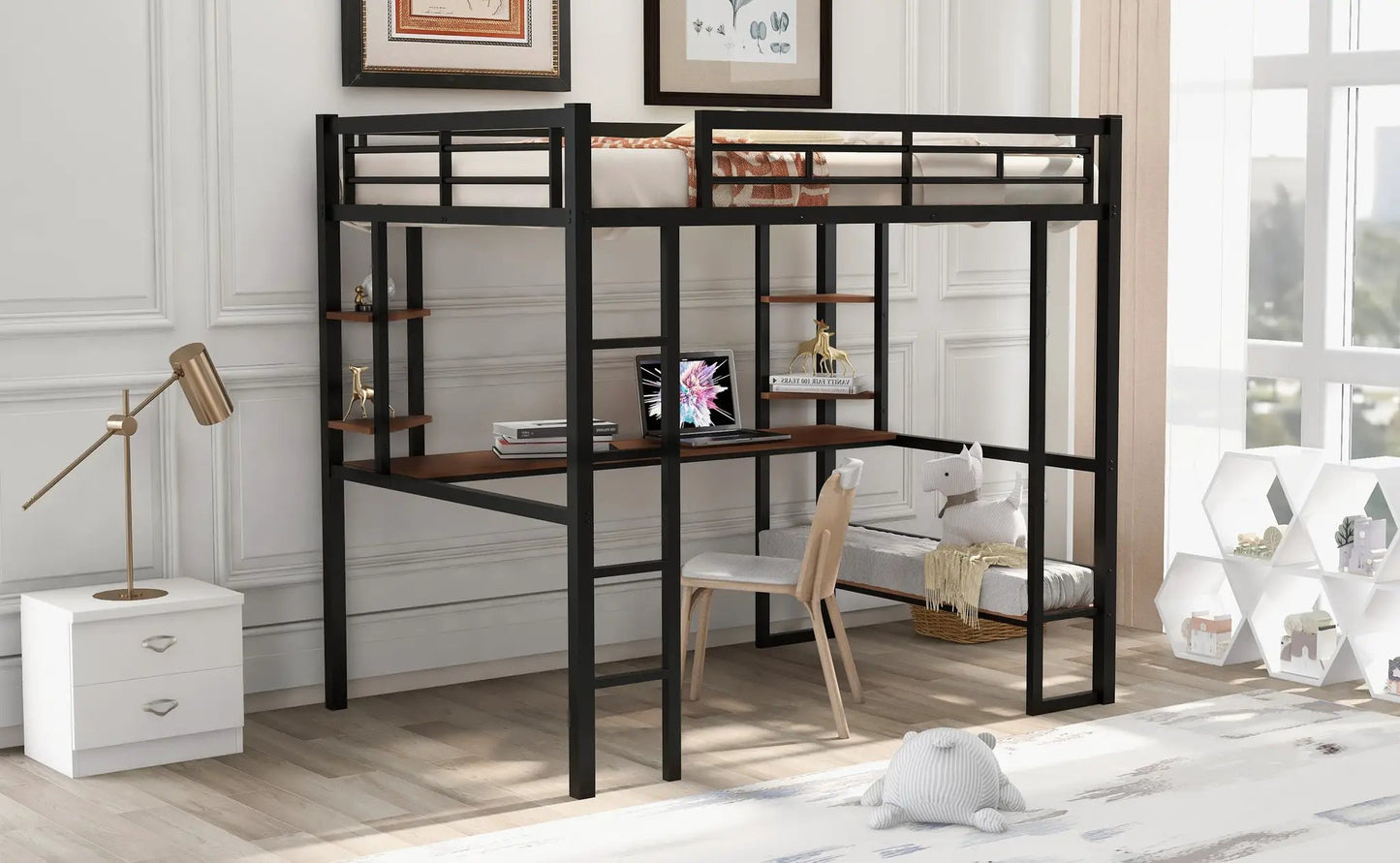 Full Size Loft Bed with Desk and Shelves Black