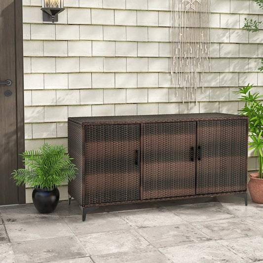84 Gallon Patio Wicker Deck Box 3-Door PE Rattan Storage Container with Removable Shelves-Brown - Tampa Home & Garden Store