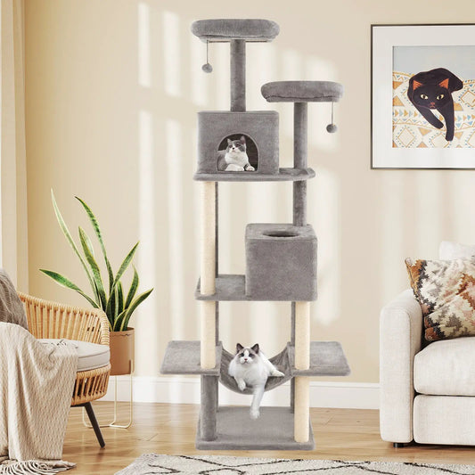 84 inch gray cat tree with 2 condos and plush perches, two cats visible on it on Tampa Home & Garden Store