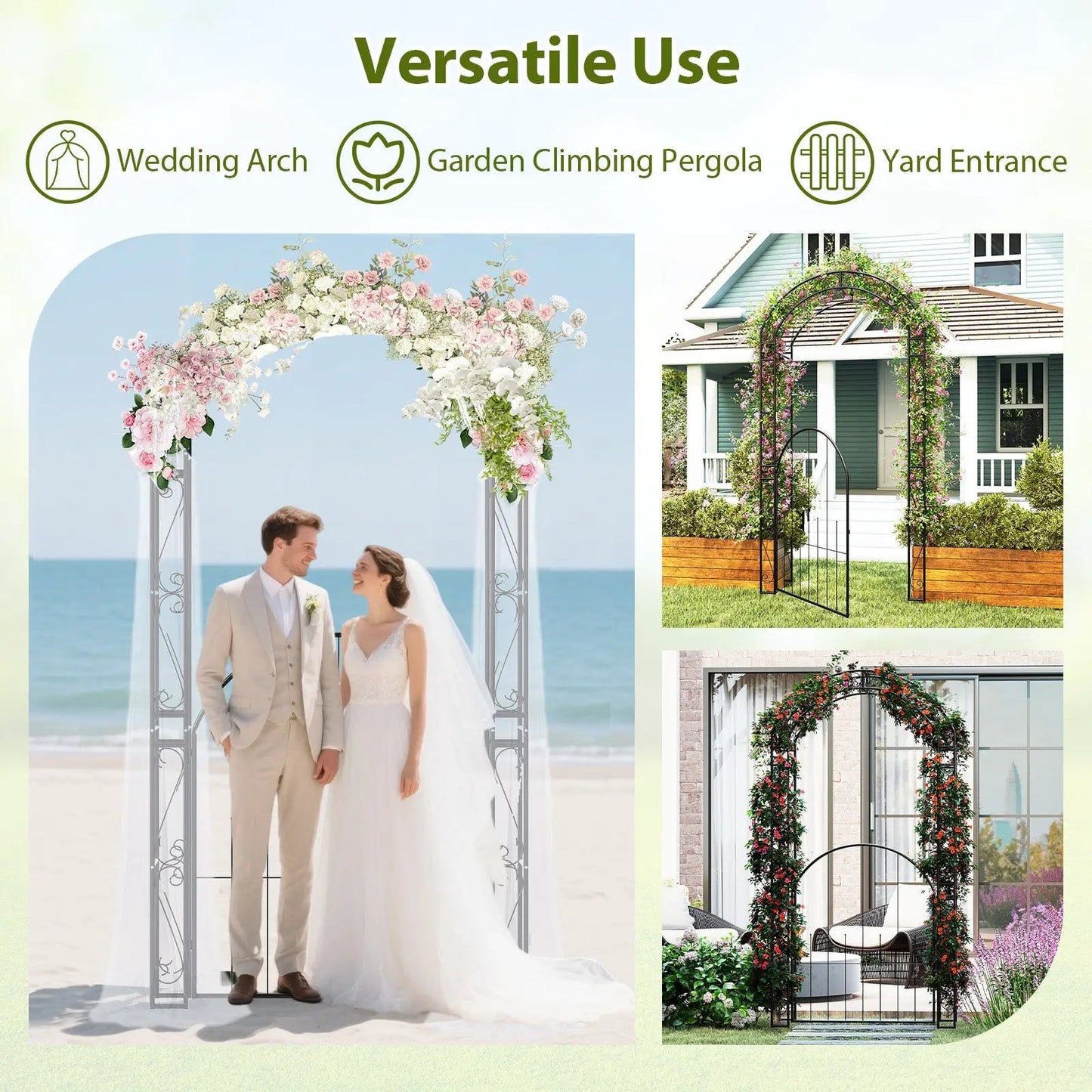 84 inch tall DirectDeals metal garden arch arbor with gate, floral vines climbing the arch on Tampa Home & Garden Store