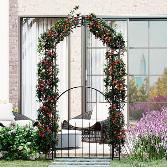 84 Inch Tall Garden Arch Metal Arbor with Gate, black wrought-iron frame with orange flowers on Tampa Home & Garden Store