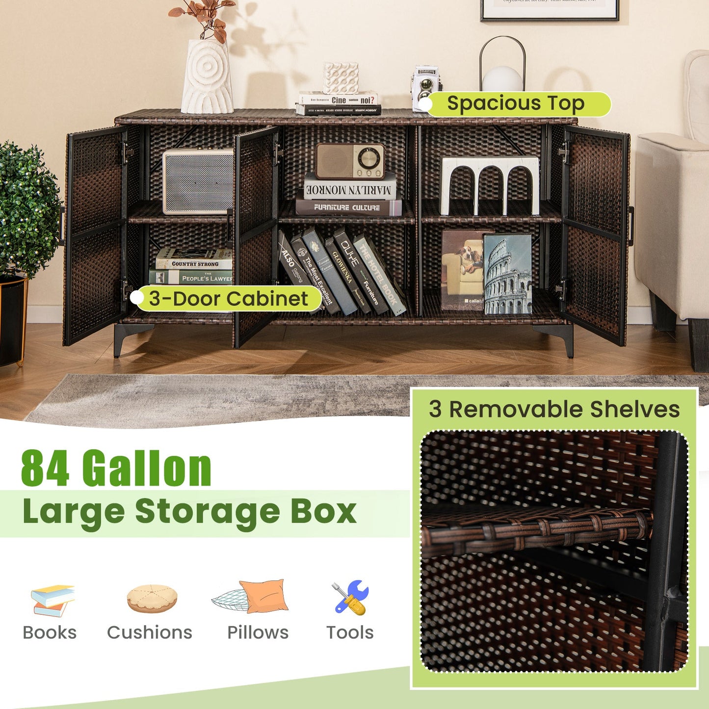 84 Gallon Patio Wicker Deck Box 3-Door PE Rattan Storage Container with Removable Shelves-Brown - Tampa Home & Garden Store