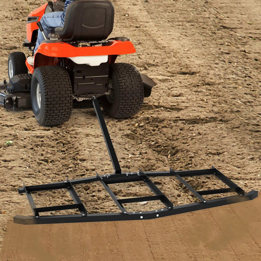 84-inch wide tow-behind landscape rake with reinforced frame attached to riding mower on Tampa Home & Garden Store