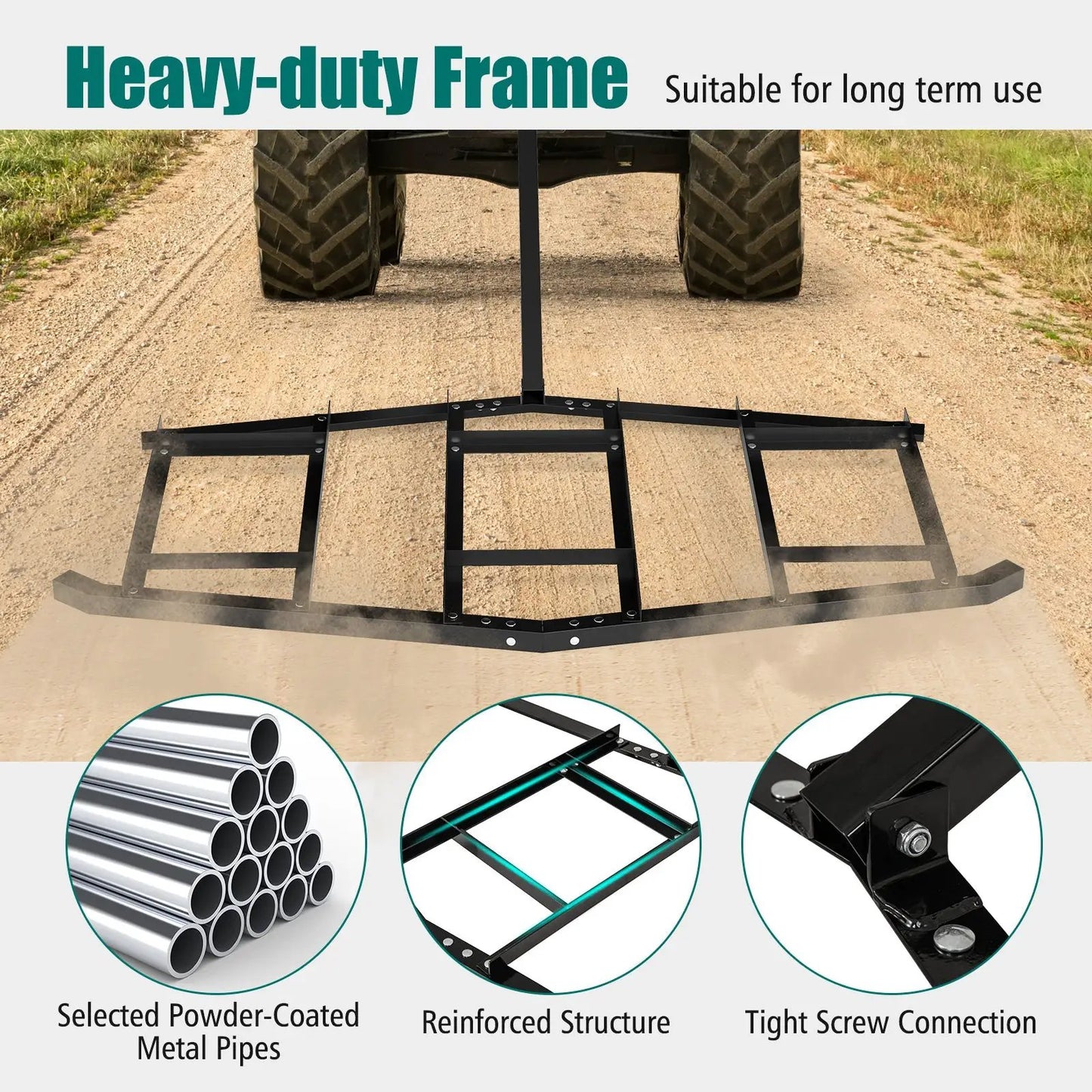 84-inch wide driveway tow-behind landscape rake with frame and powder-coated metal on Tampa Home & Garden Store
