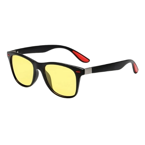 Polarized square sunglasses by BikerZoneZ with yellow lenses, black frame, red temple tips on Tampa Home & Garden Store