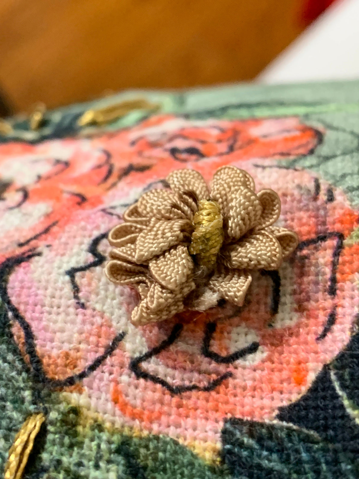 Vibhsa Hand Illustrated decorative pillow with floral woven cover and gold flower accent on Tampa Home & Garden Store