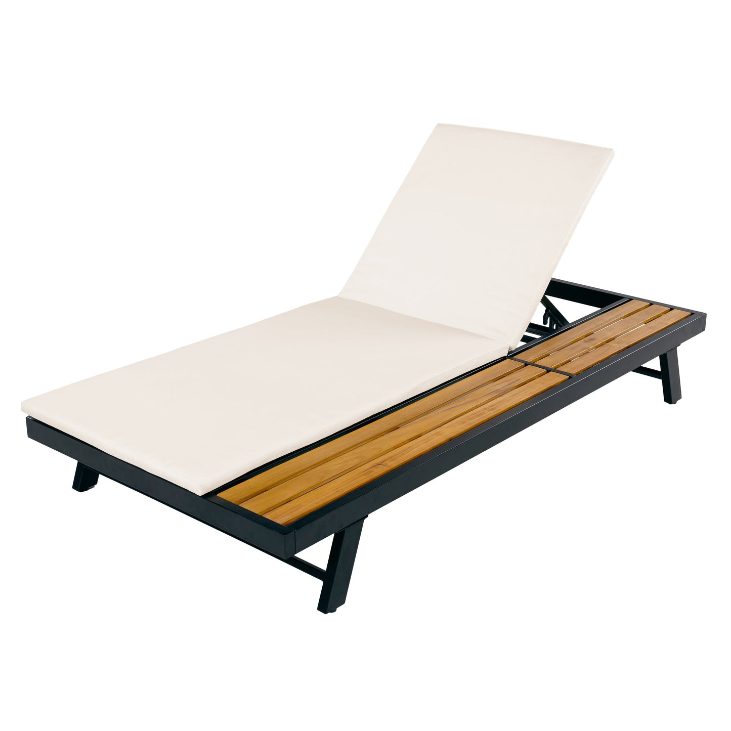 Black Iron and Teak Outdoor Chaise Lounge Set