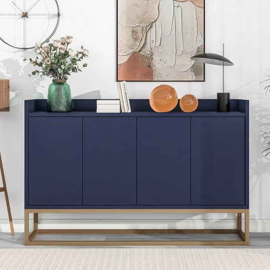 Trexm Modern Sideboard Navy with large storage; navy cabinet on gold base with vase and lamp on Tampa Home & Garden Store