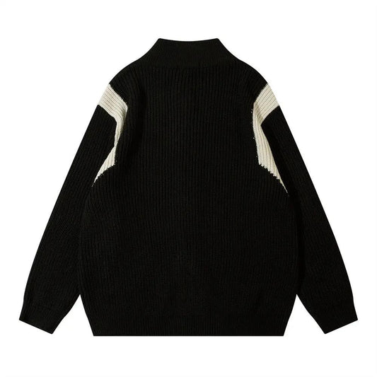 Men's black color-block zipper cardigan with white shoulder panels and stand collar on Tampa Home & Garden Store