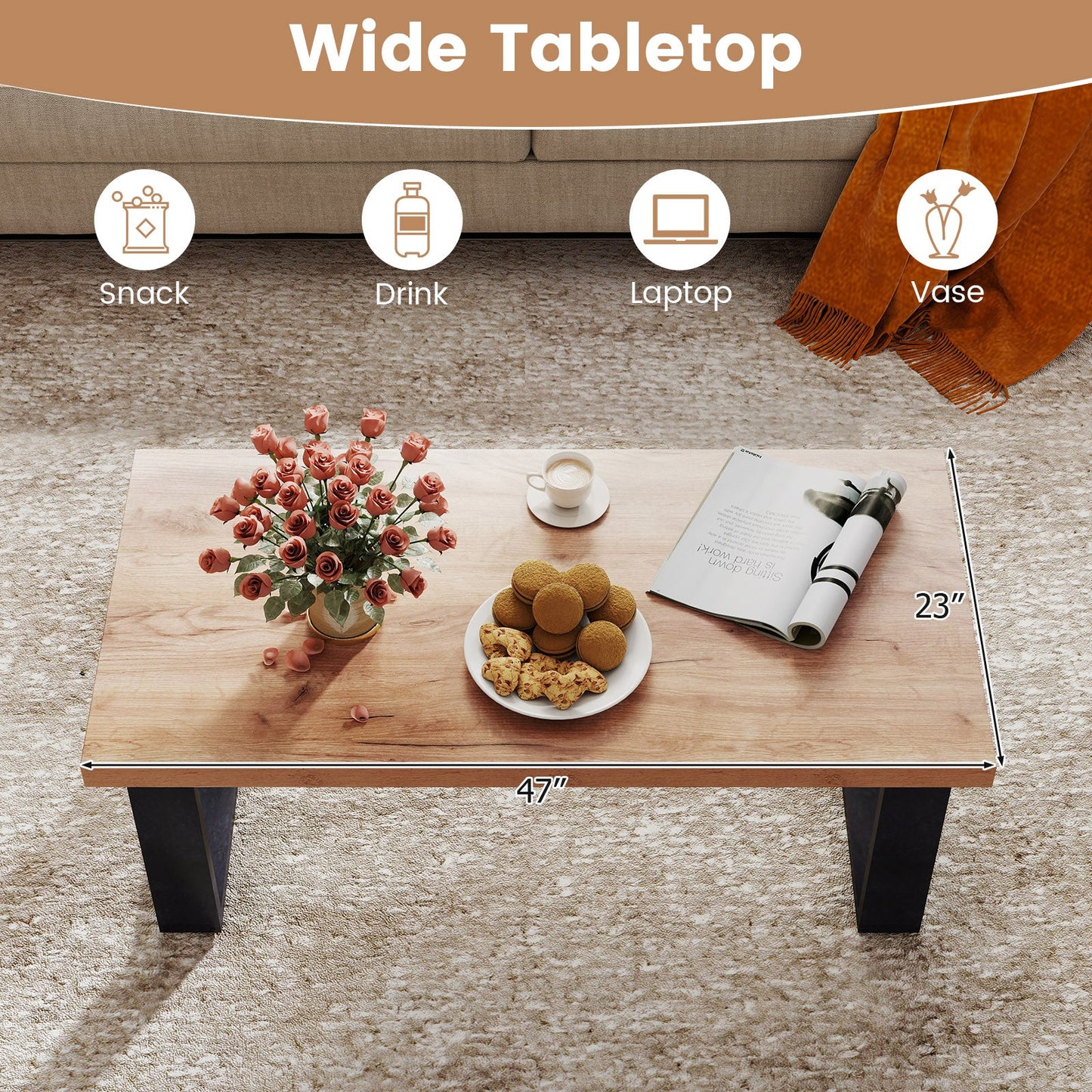 DirectDeals 47 Inch Farmhouse Coffee Table with Thick Oak Top, light oak finish and black legs on Tampa Home & Garden Store