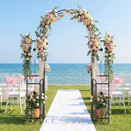 Tall Garden Arch with Gate Planter Shelves black metal arch adorned with pink and ivory roses on Tampa Home & Garden Store