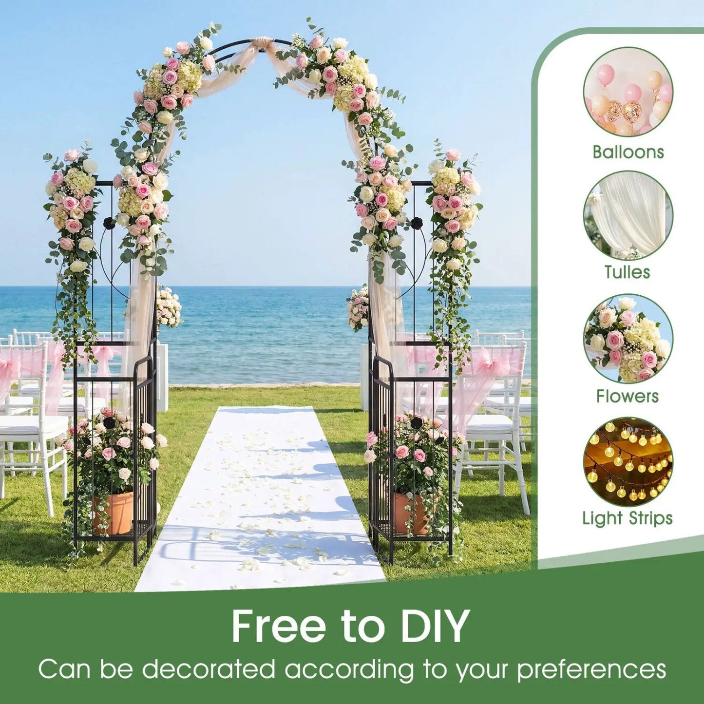 DirectDeals Tall Garden Arch with Gate Planter, black metal arch with pink ivory flowers on Tampa Home & Garden Store