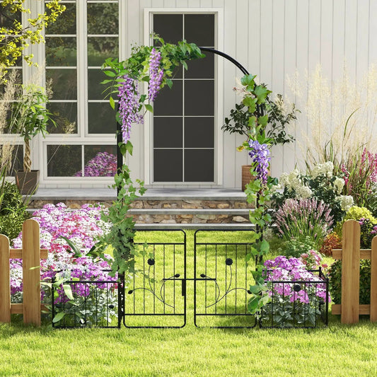 87 Inches Garden Arbor with Lockable Gate Side Planters-Black - Tampa Home & Garden Store