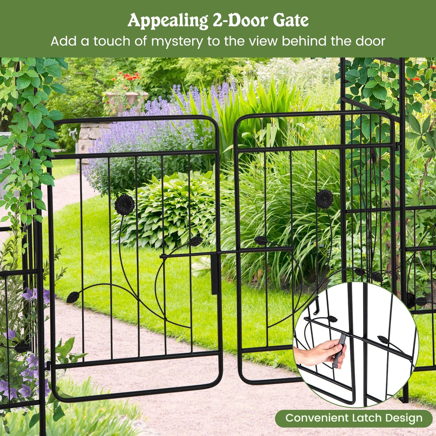 Cenador de Jardín de 87 Pulgadas con Puerta con Candado y Jardineras Laterales - Negro