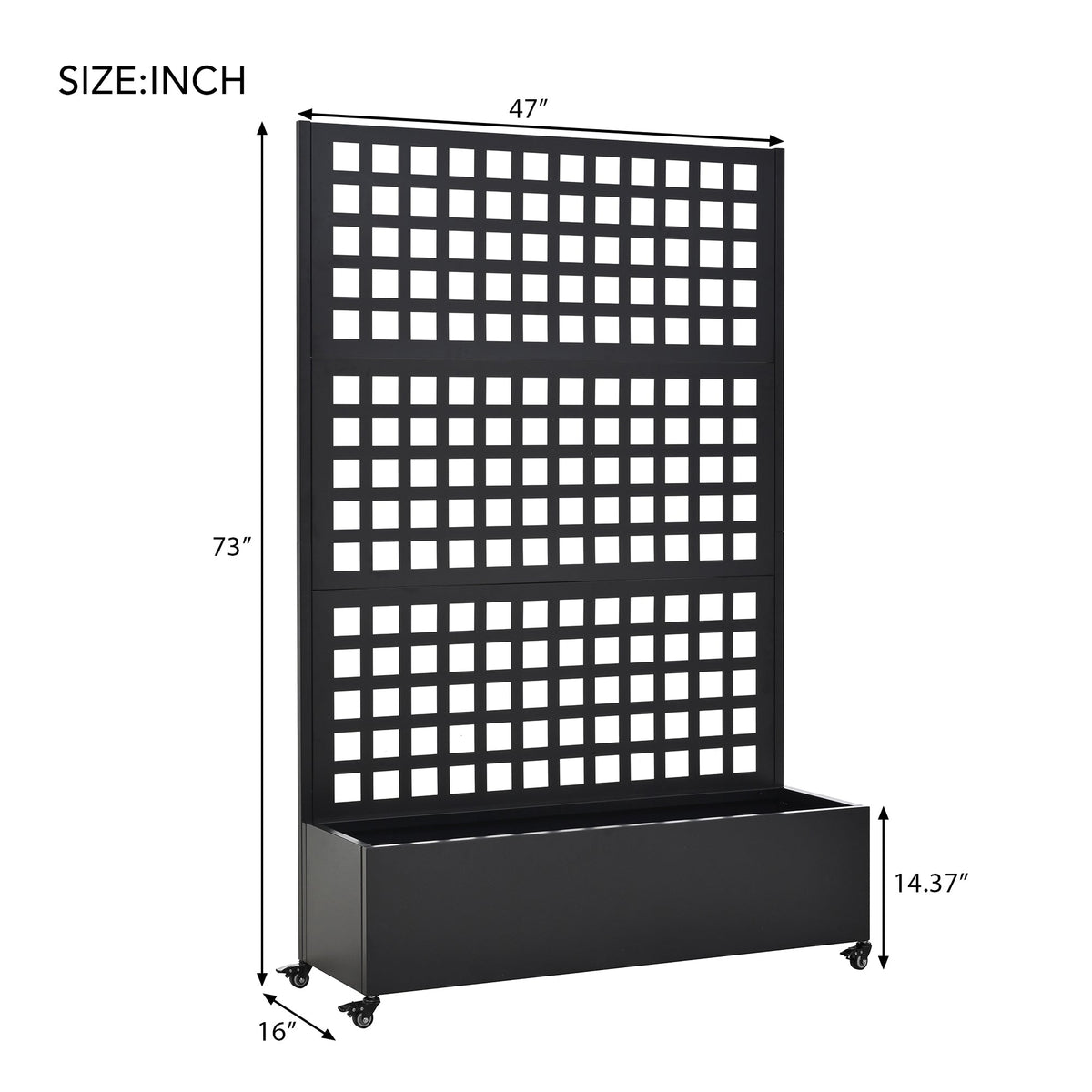 Metal raised garden bed with wheels and square grid trellis in black on Tampa Home & Garden Store