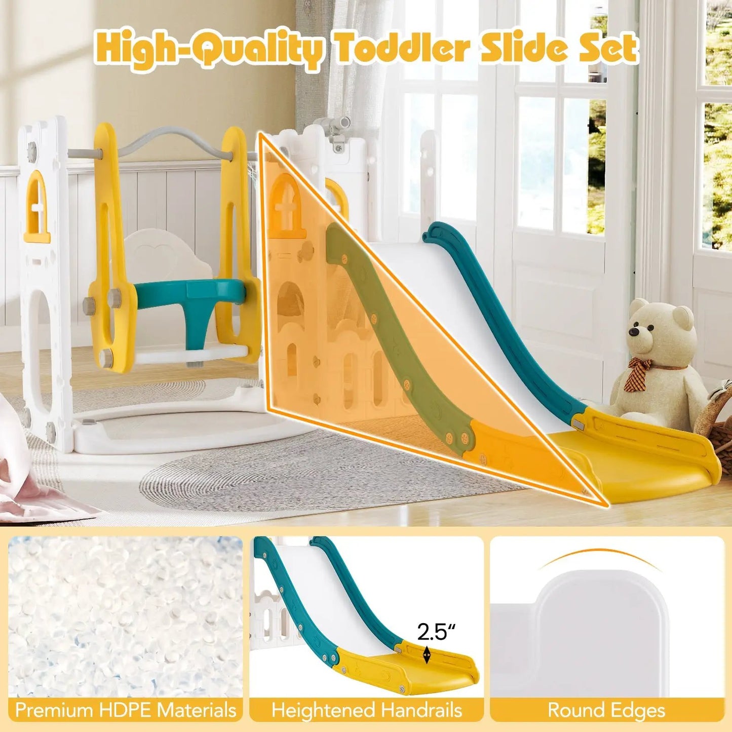 7-in-1 Toddler Swing and Slide Set with Hoop, yellow/teal frame by DirectDeals on Tampa Home & Garden Store