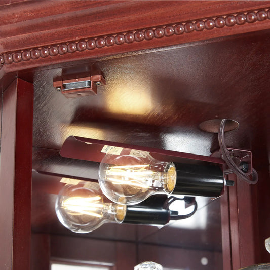Corner Curio Cabinet with Lights in dark wood with bead trim and mirrored back on Tampa Home & Garden Store