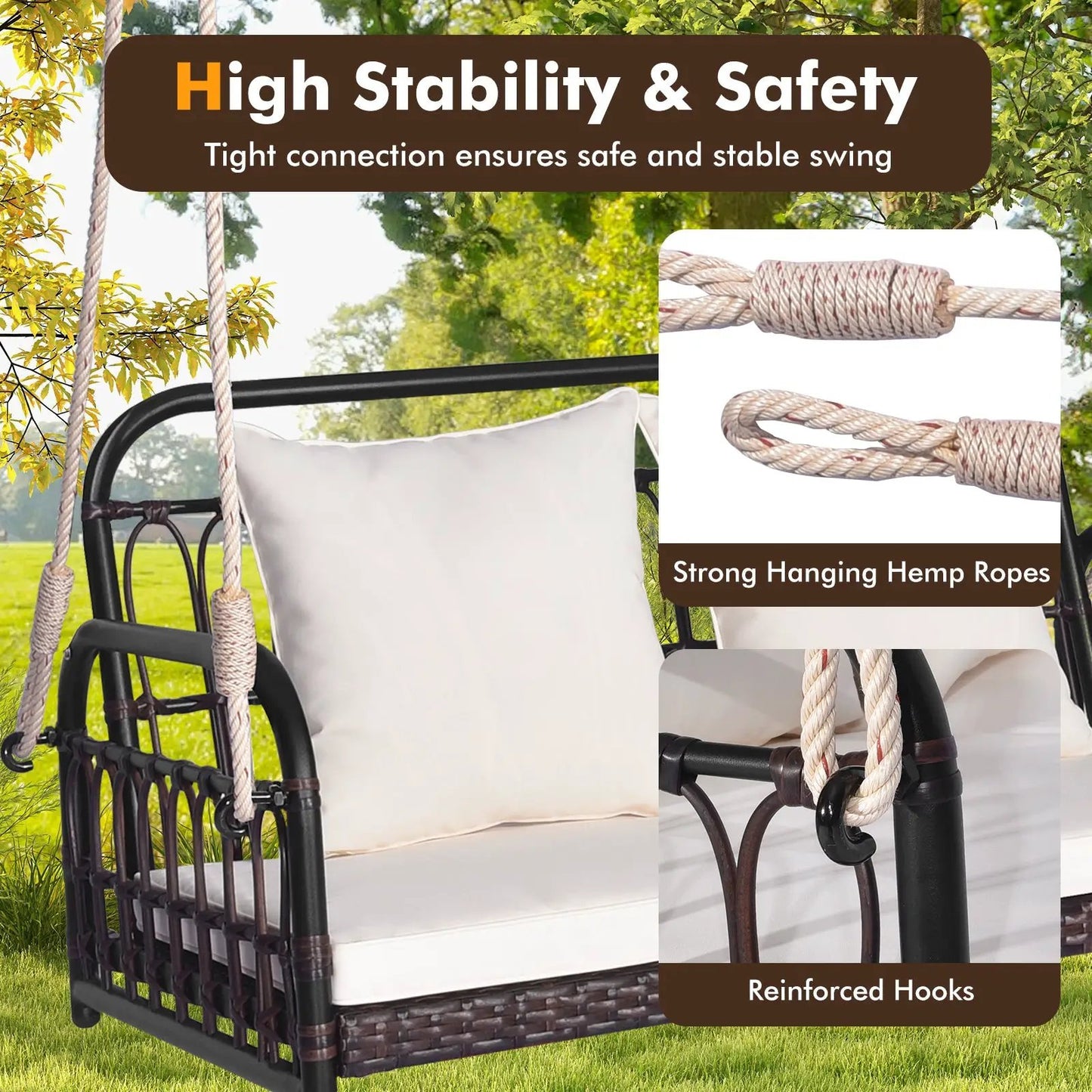 Wicker Hanging Porch Swing with Cushions dark brown wicker, white cushions, hemp rope suspension on Tampa Home & Garden Store