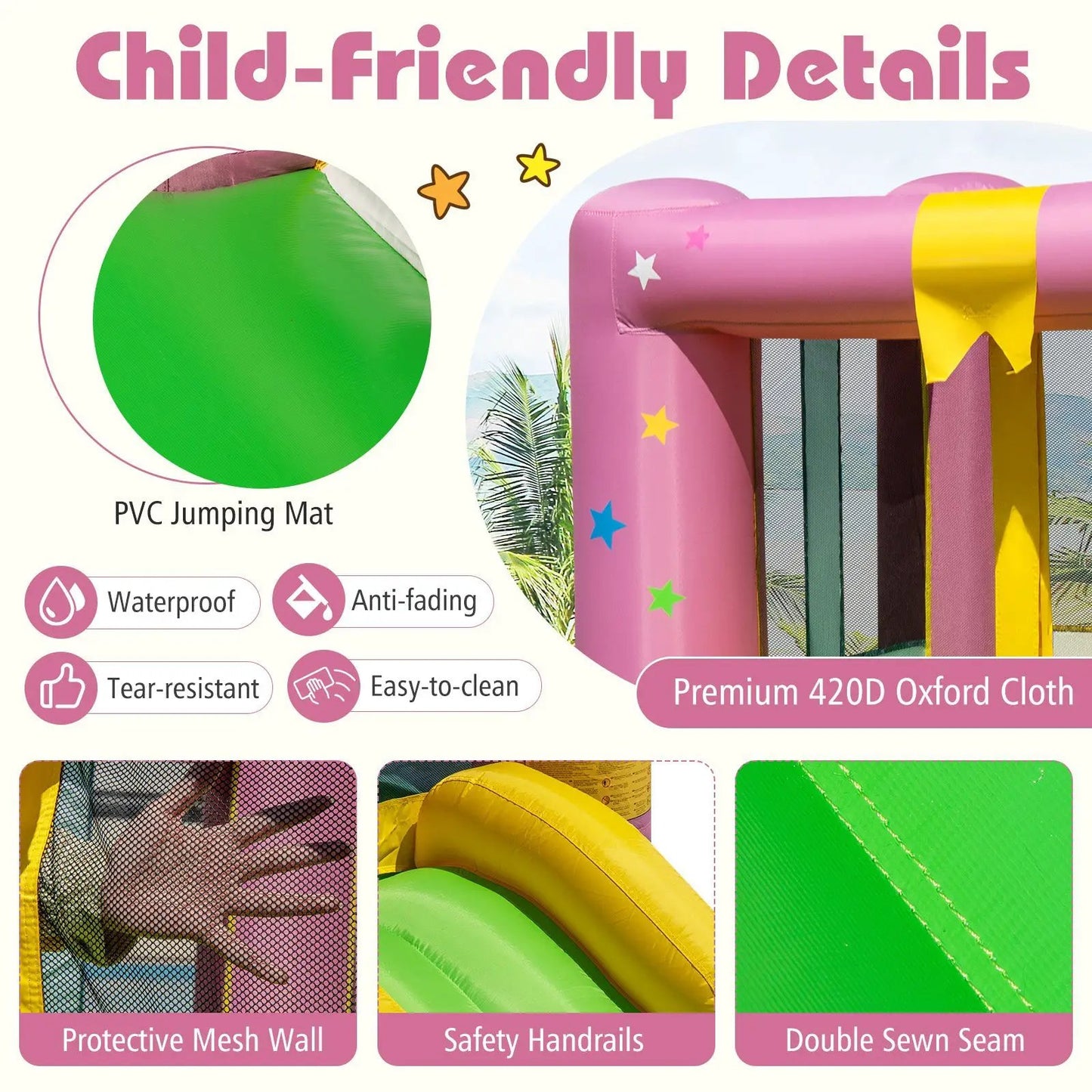 Inflatable Bounce House DirectDeals pink unit with 480W blower, yellow star decals, bag on Tampa Home & Garden Store