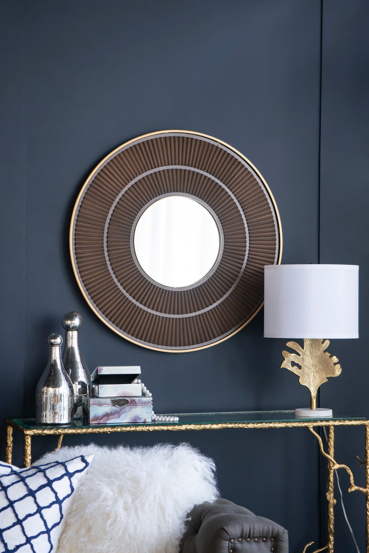 HouseOfZazla D13x22.2 table lamp with white shade and brass base on dark blue wall on Tampa Home & Garden Store