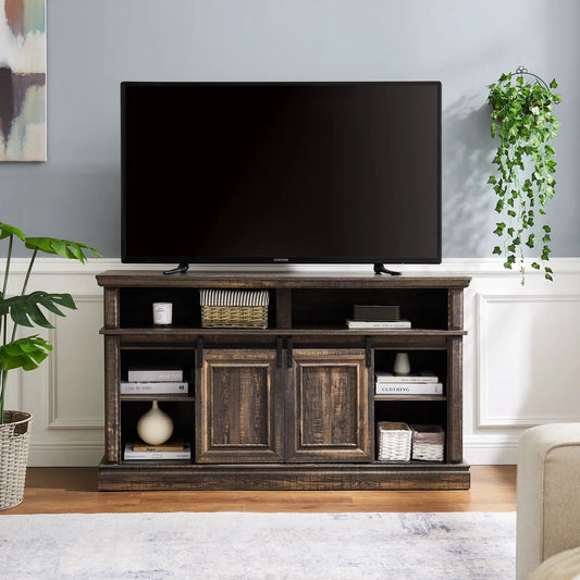 Mid Century sliding-door TV console with storage supports a Samsung TV in dark wood with shelves on Tampa Home & Garden Store